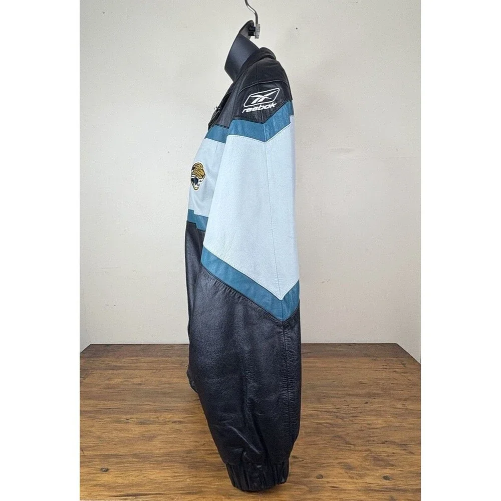 Vtg. 90s Reebok NFL Jacksonville Jaguars Large Leather Bomber Jacket Zip Boxy
